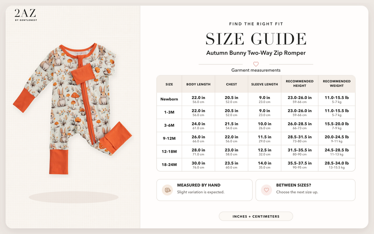 Product-specific size guide for Autumn Bunny Romper