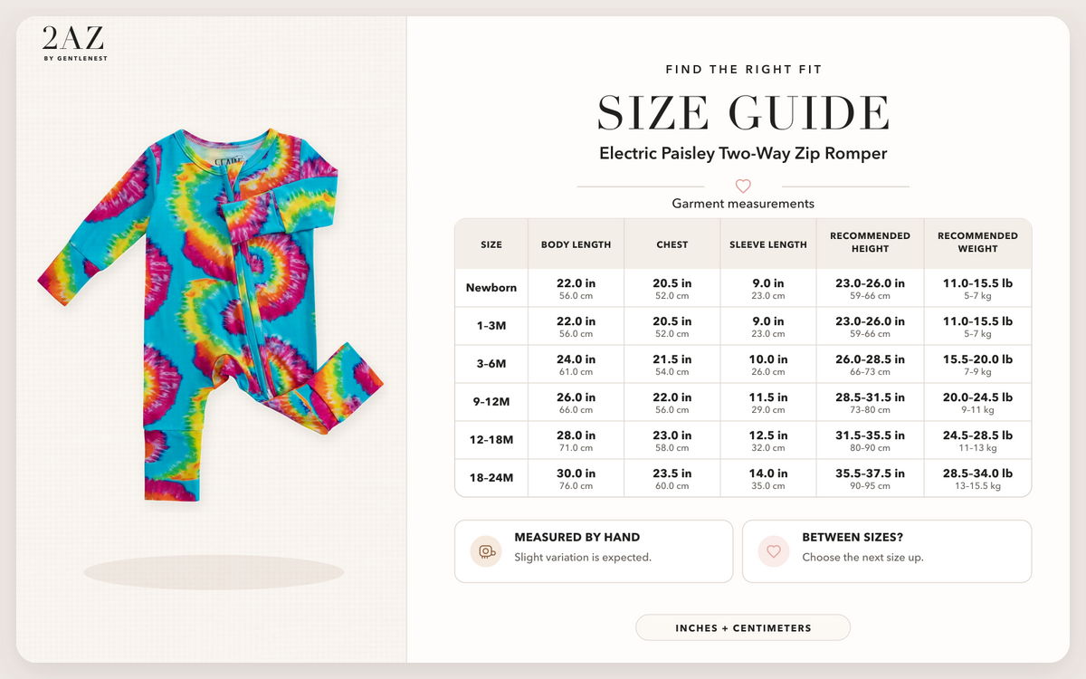 Product-specific size guide for Electric Paisley Romper