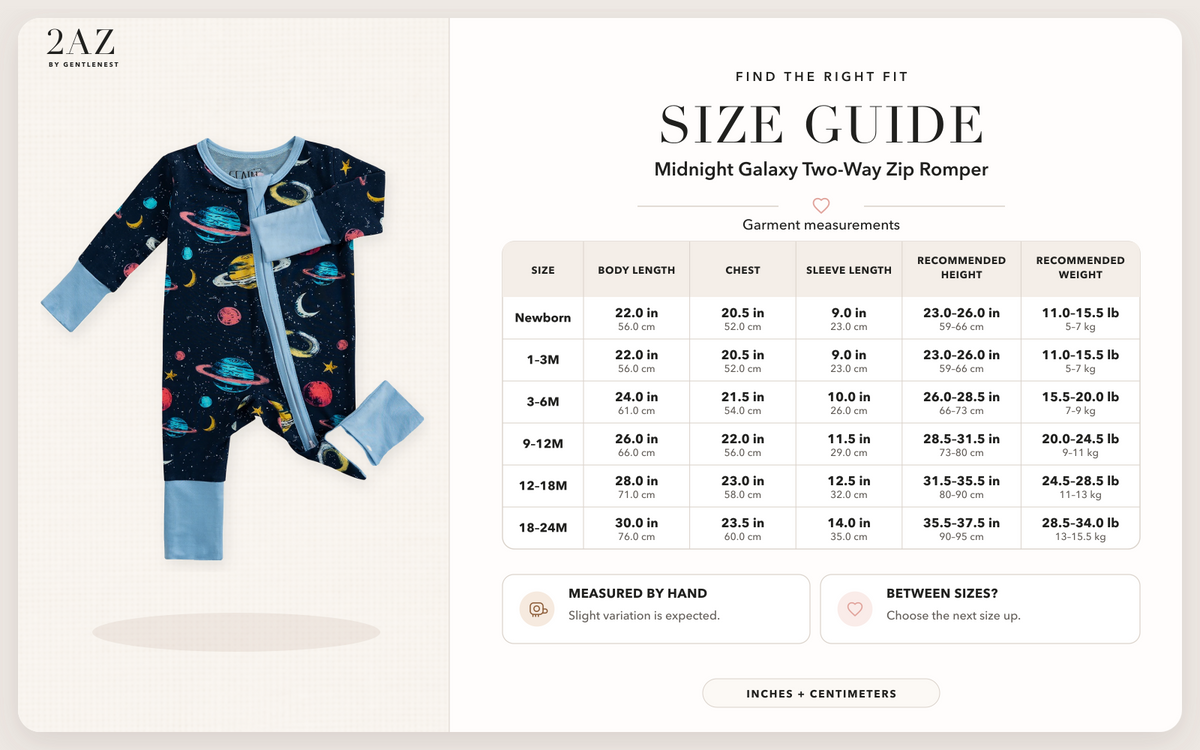 Product-specific size guide for Midnight Galaxy Romper
