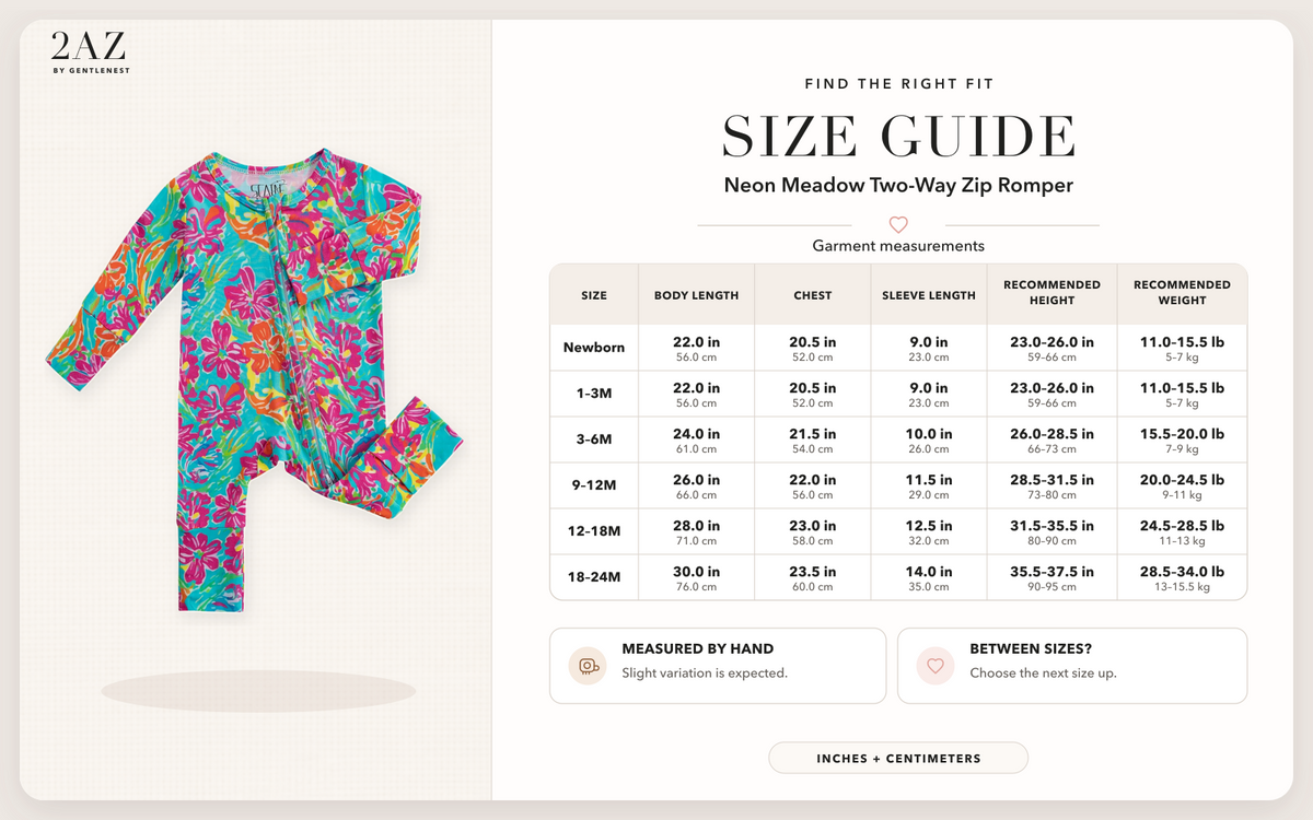 Product-specific size guide for Neon Meadow Romper