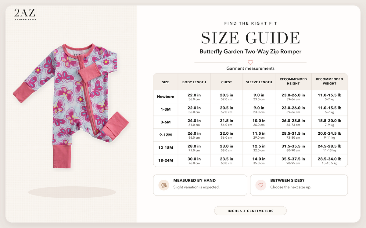 Product-specific size guide for Butterfly Garden Romper