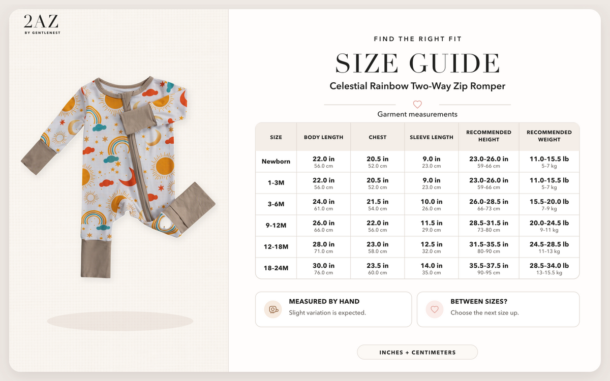 Product-specific size guide for Celestial Rainbow Romper