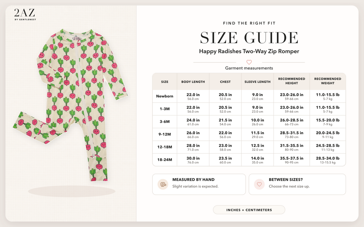 Product-specific size guide for Happy Radishes Romper