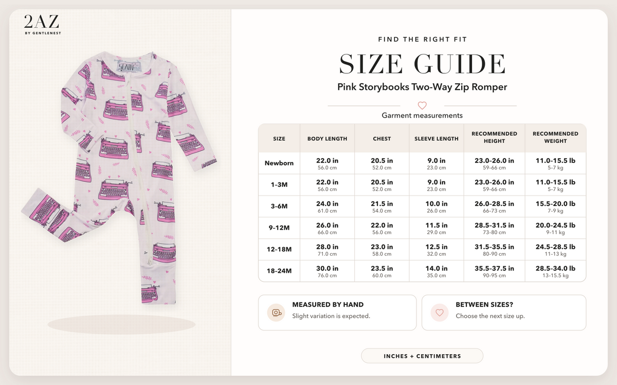 Product-specific size guide for Pink Storybooks Romper