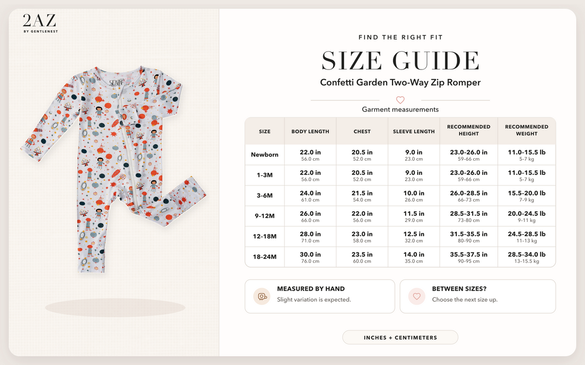 Product-specific size guide for Cosmic Adventure Romper