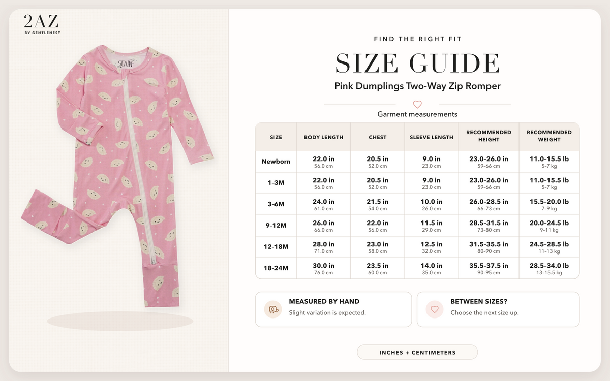 Product-specific size guide for Pink Dumplings Romper