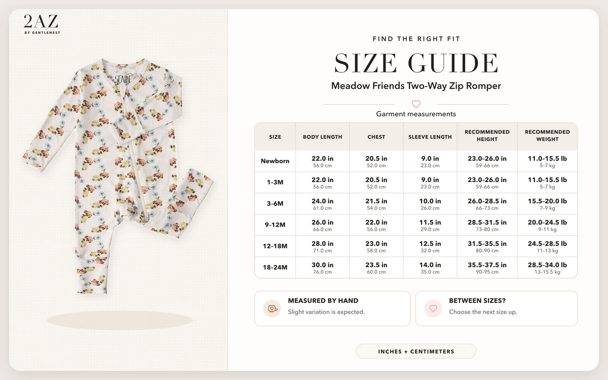 Product-specific size guide for Meadow Friends Romper