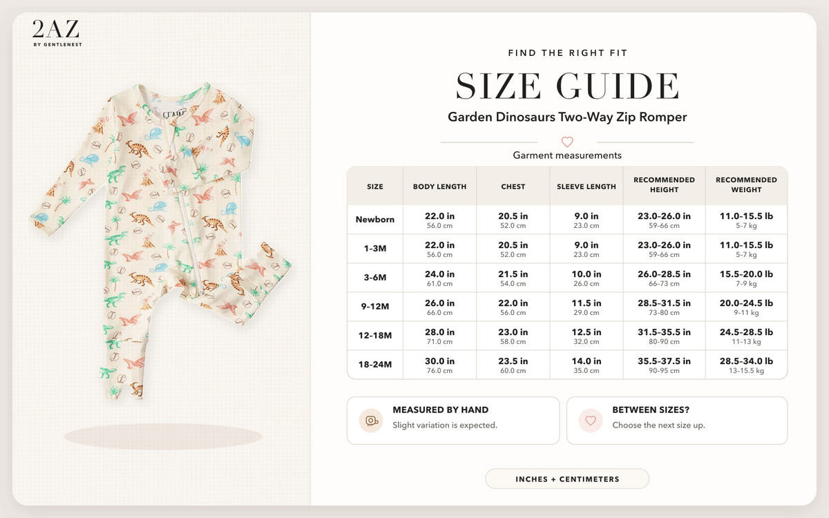 Product-specific size guide for Garden Dinosaurs Romper
