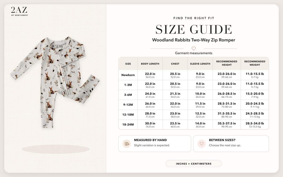 Product-specific size guide for Woodland Rabbits Romper