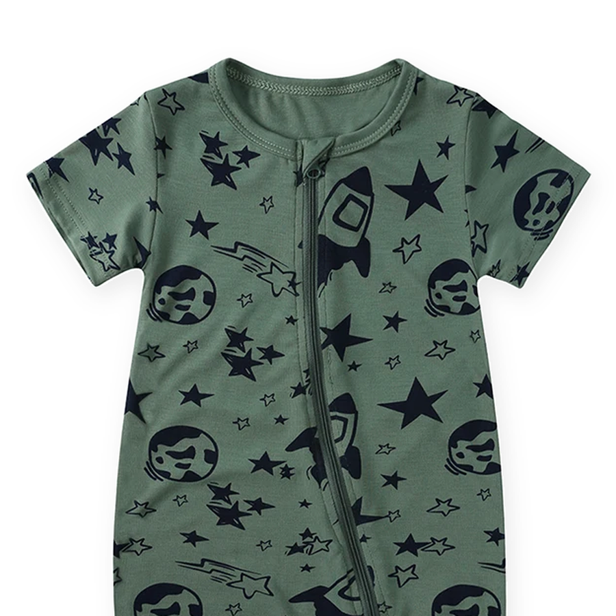 Night Stars Short-Sleeve Shortie Romper — Night Stars — Neckline and seam detail — image 4
