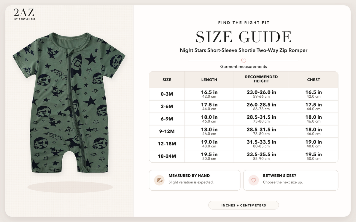 Product-specific size guide for Night Stars Shortie Romper