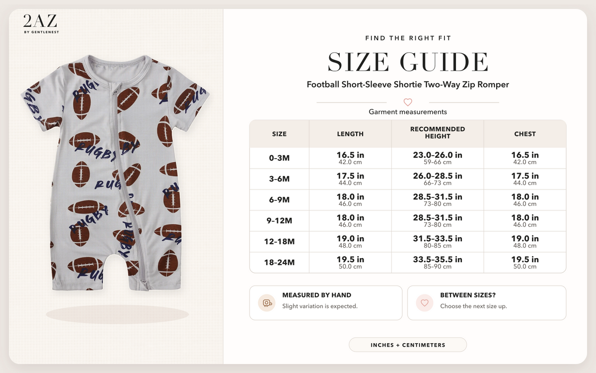 Product-specific size guide for Football Shortie Romper