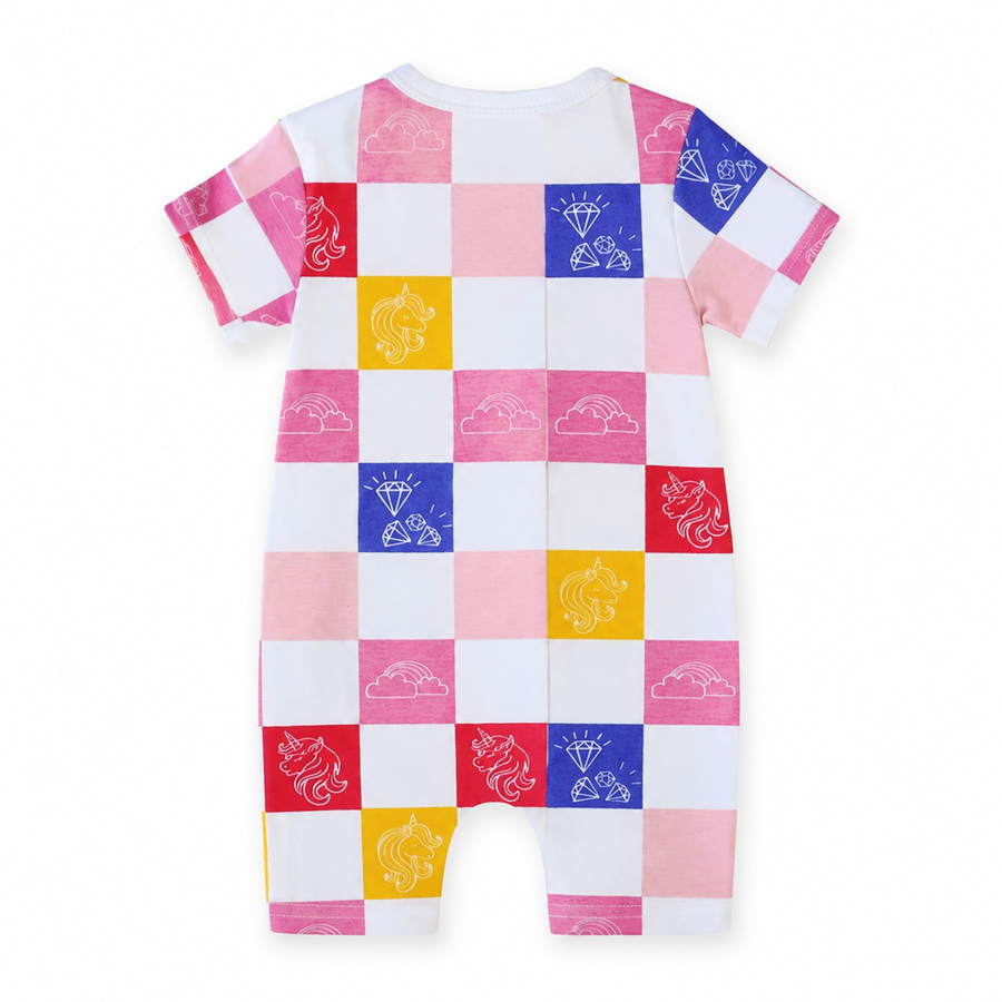 Pastel Patchwork Short-Sleeve Shortie Romper — Pastel Patchwork — Back view — image 2