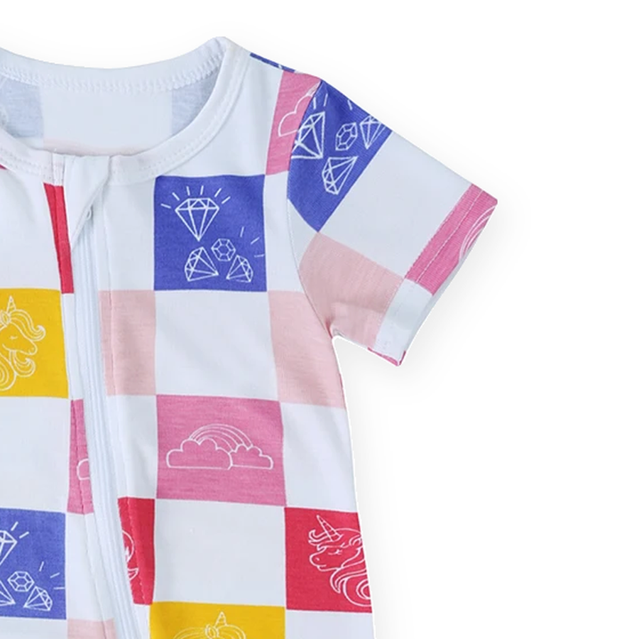 Pastel Patchwork Short-Sleeve Shortie Romper — Pastel Patchwork — Cuff and foot detail — image 5