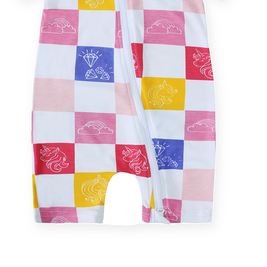 Pastel Patchwork Short-Sleeve Shortie Romper — Pastel Patchwork — Gusset and seam detail — image 6