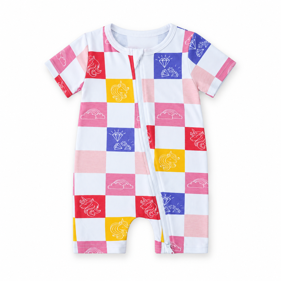 Pastel Patchwork Short-Sleeve Shortie Romper — Pastel Patchwork — Front view — image 1