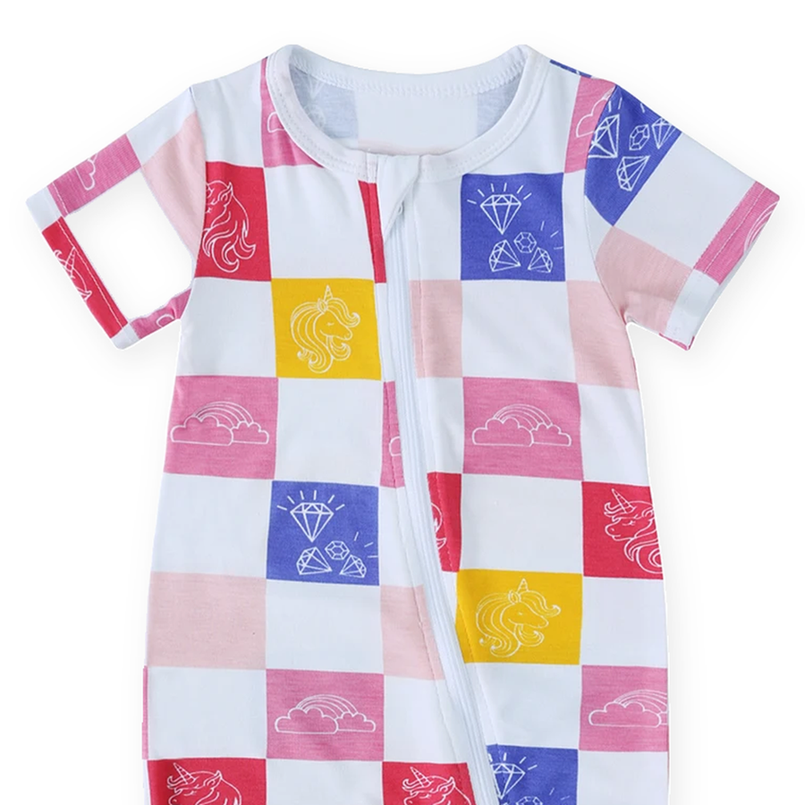 Pastel Patchwork Short-Sleeve Shortie Romper — Pastel Patchwork — Neckline and seam detail — image 4