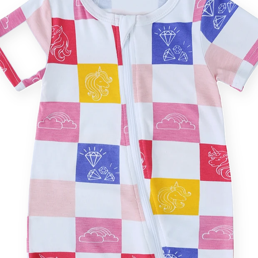 Pastel Patchwork Short-Sleeve Shortie Romper — Pastel Patchwork — Zipper detail — image 3