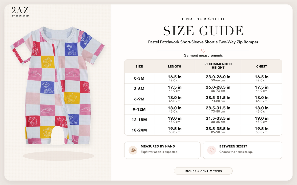 Product-specific size guide for Pastel Patchwork Shortie Romper