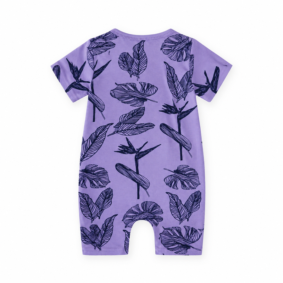 Purple Leaves Short-Sleeve Shortie Romper — Purple Leaves — Back view — image 2