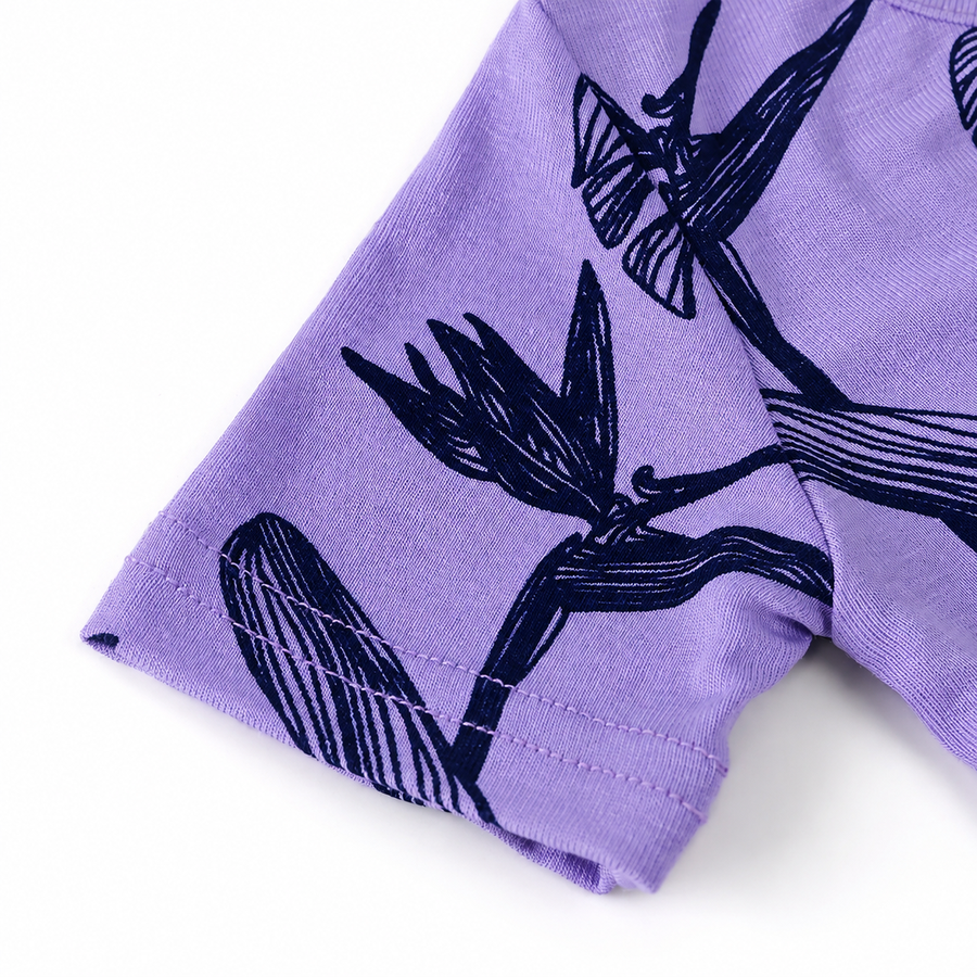Purple Leaves Short-Sleeve Shortie Romper — Purple Leaves — Cuff and foot detail — image 7