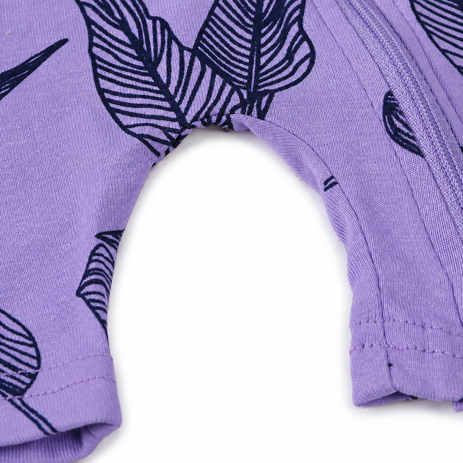 Purple Leaves Short-Sleeve Shortie Romper — Purple Leaves — Gusset and seam detail — image 8