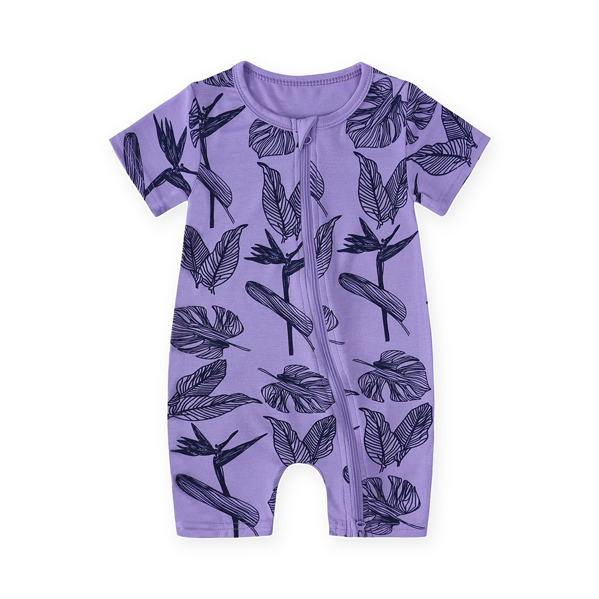 Purple Leaves Short-Sleeve Shortie Romper — Purple Leaves — Front view — image 1