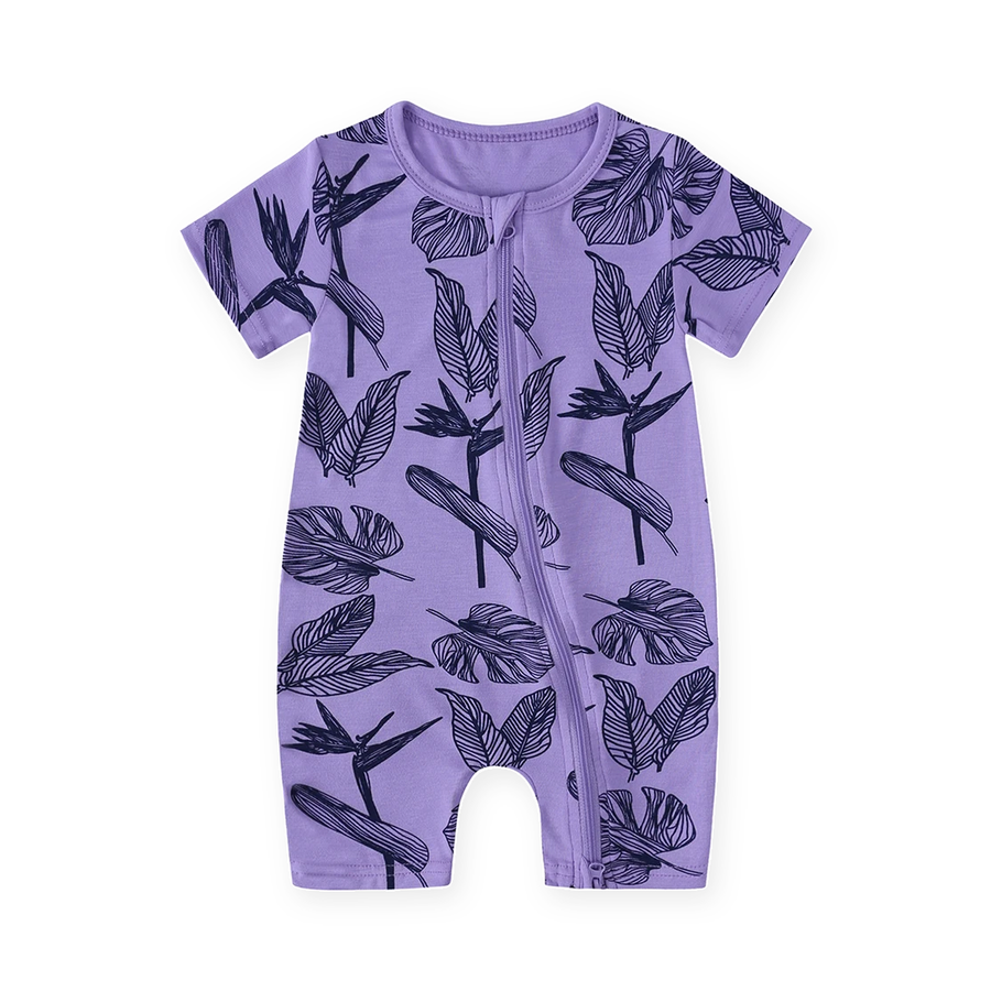 Purple Leaves Short-Sleeve Shortie Romper — Purple Leaves — Front view — image 1