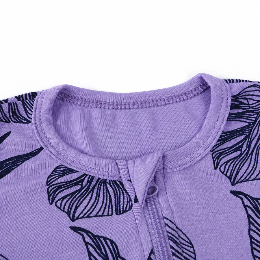 Purple Leaves Short-Sleeve Shortie Romper — Purple Leaves — Neckline and seam detail — image 5