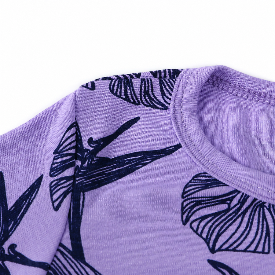 Purple Leaves Short-Sleeve Shortie Romper — Purple Leaves — Neckline and seam detail — image 6