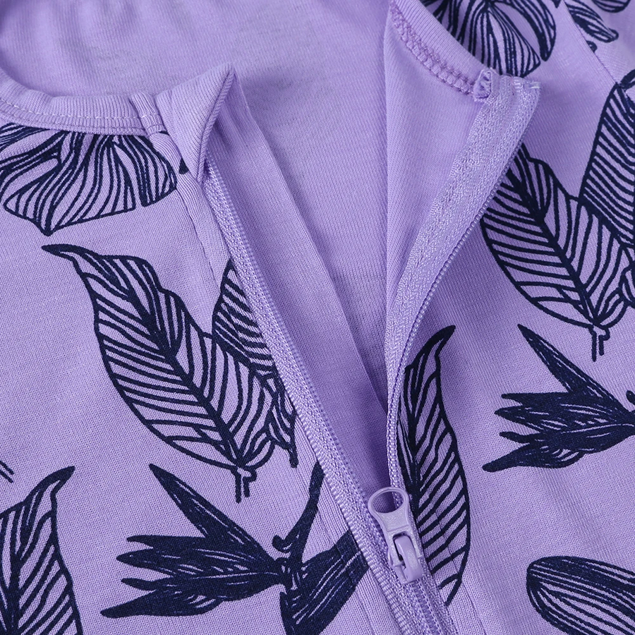 Purple Leaves Short-Sleeve Shortie Romper — Purple Leaves — Zipper detail — image 3