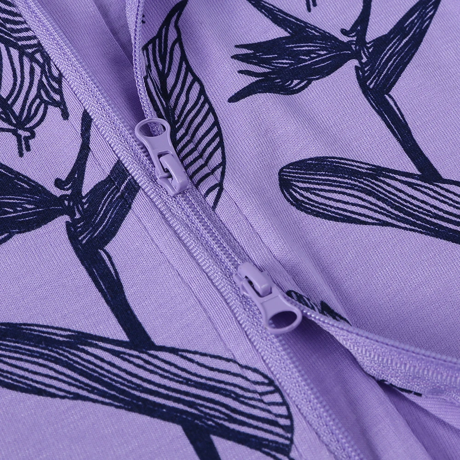 Purple Leaves Short-Sleeve Shortie Romper — Purple Leaves — Zipper detail — image 4