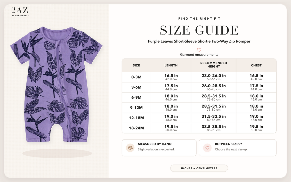 Product-specific size guide for Purple Leaves Shortie Romper