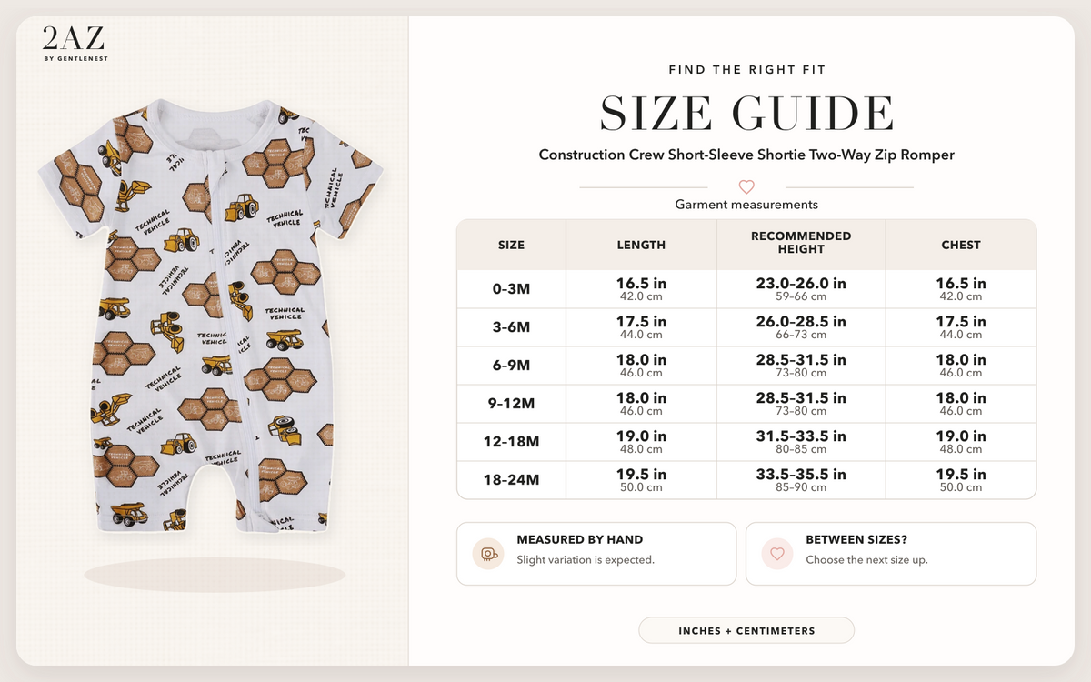 Product-specific size guide for Construction Crew Shortie Romper