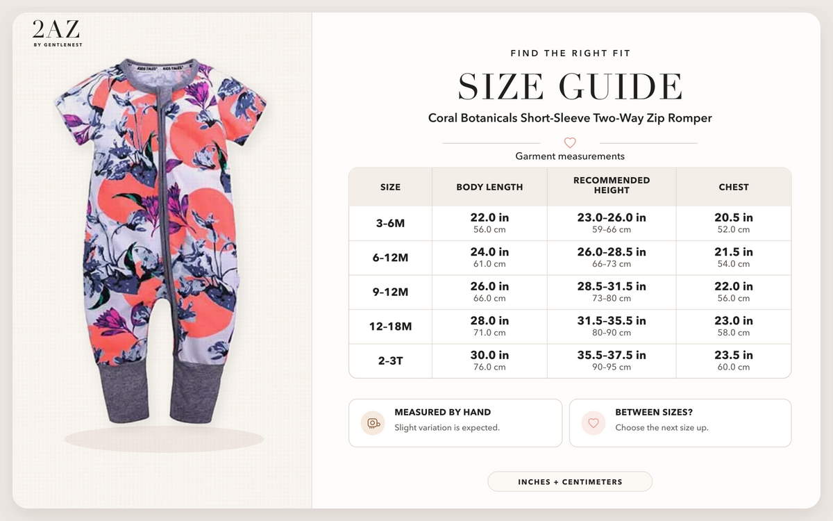 Product-specific size guide for Coral Botanicals Short-Sleeve Romper