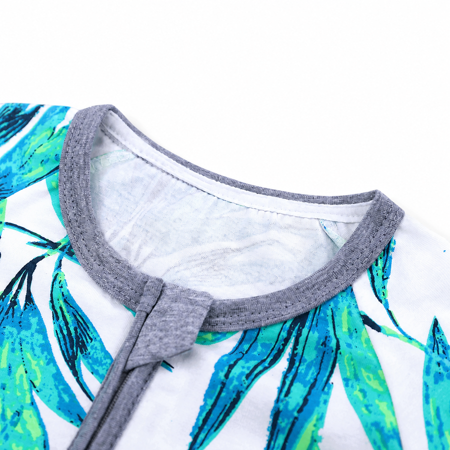 Tropical Leaves Short-Sleeve Romper — Tropical Leaves — Neckline and seam detail — image 5
