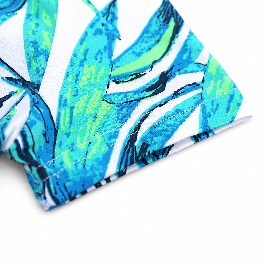Tropical Leaves Short-Sleeve Romper — Tropical Leaves — Neckline and seam detail — image 7