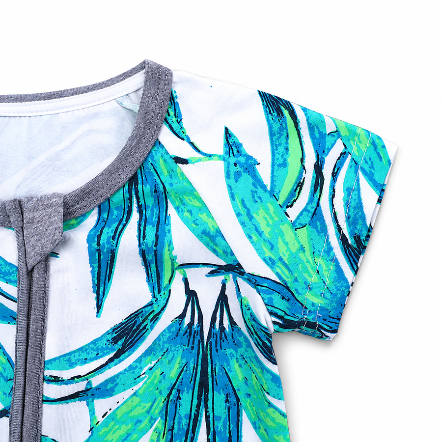 Tropical Leaves Short-Sleeve Romper — Tropical Leaves — Neckline and seam detail — image 6