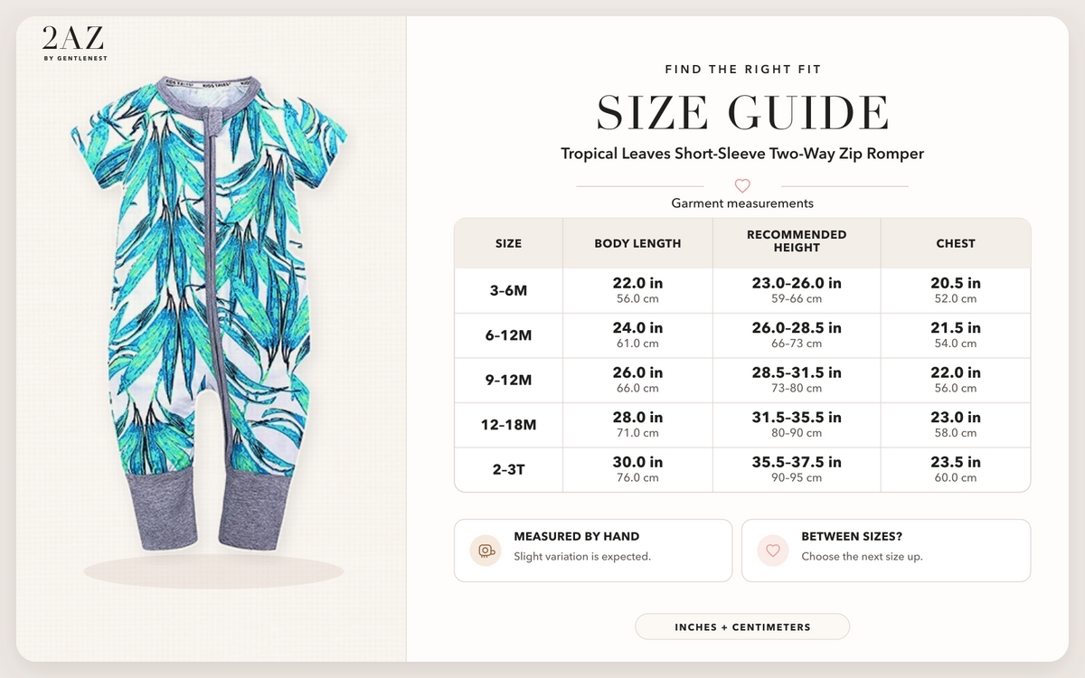 Product-specific size guide for Tropical Leaves Short-Sleeve Romper
