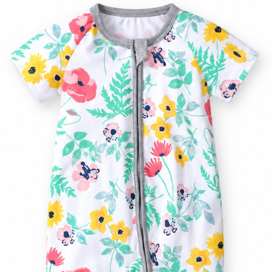 Watercolor Florals Short-Sleeve Romper — Watercolor Florals — Neckline and seam detail — image 4