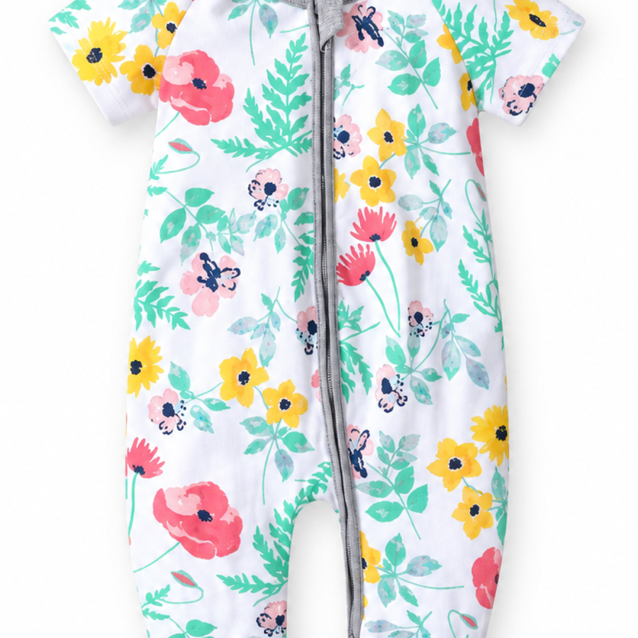Watercolor Florals Short-Sleeve Romper — Watercolor Florals — Zipper detail — image 3