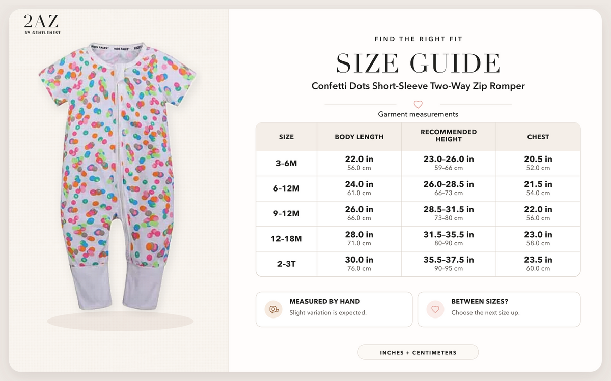 Product-specific size guide for Confetti Dots Short-Sleeve Romper