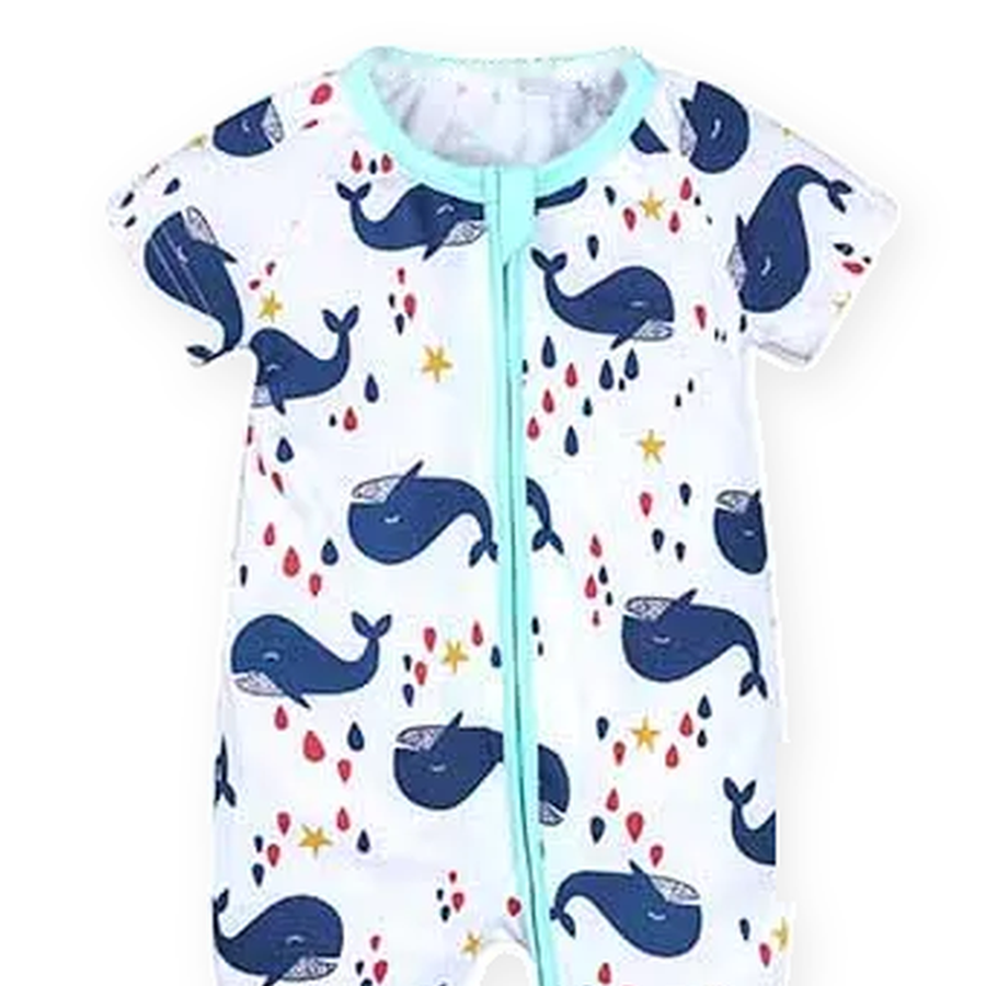 Navy Whales Short-Sleeve Romper — Navy Whales — Cuff and foot detail — image 5
