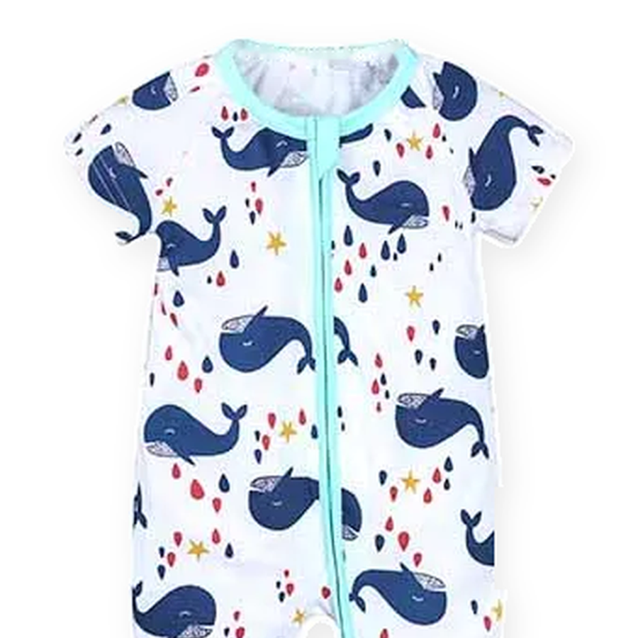 Navy Whales Short-Sleeve Romper — Navy Whales — Neckline and seam detail — image 4