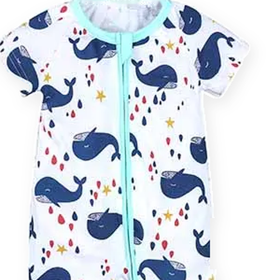 Navy Whales Short-Sleeve Romper — Navy Whales — Zipper detail — image 3
