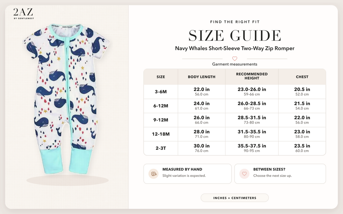 Product-specific size guide for Navy Whales Short-Sleeve Romper