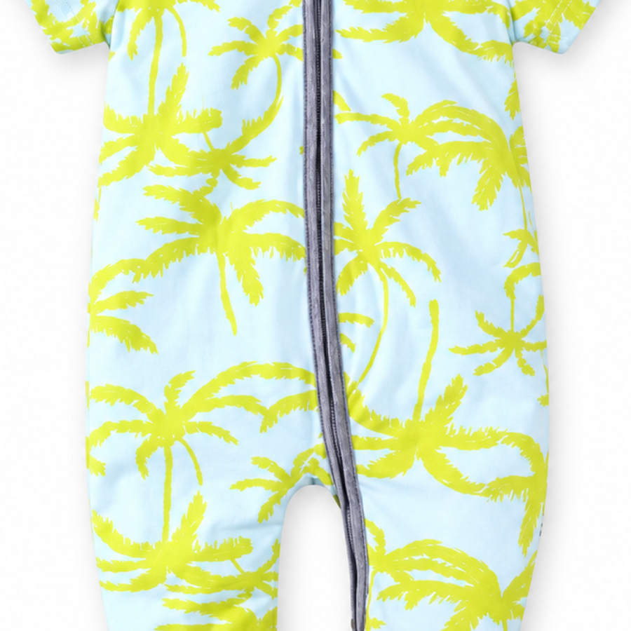 Neon Palms Short-Sleeve Romper — Neon Palms — Cuff and foot detail — image 6