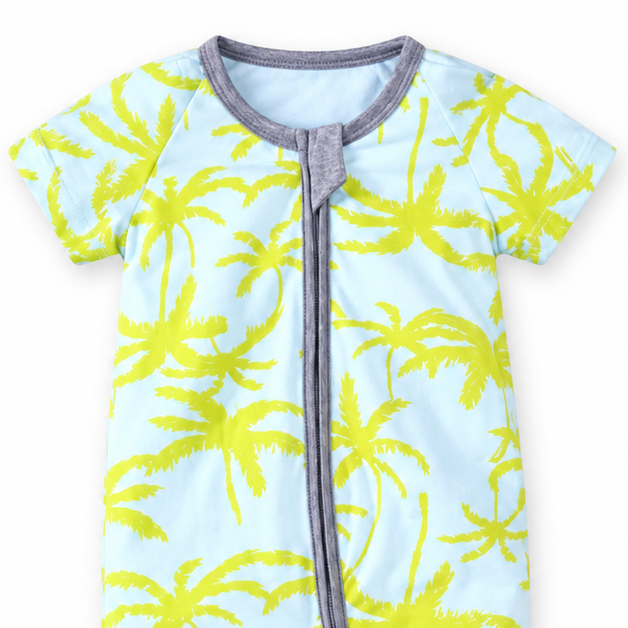 Neon Palms Short-Sleeve Romper — Neon Palms — Neckline and seam detail — image 4
