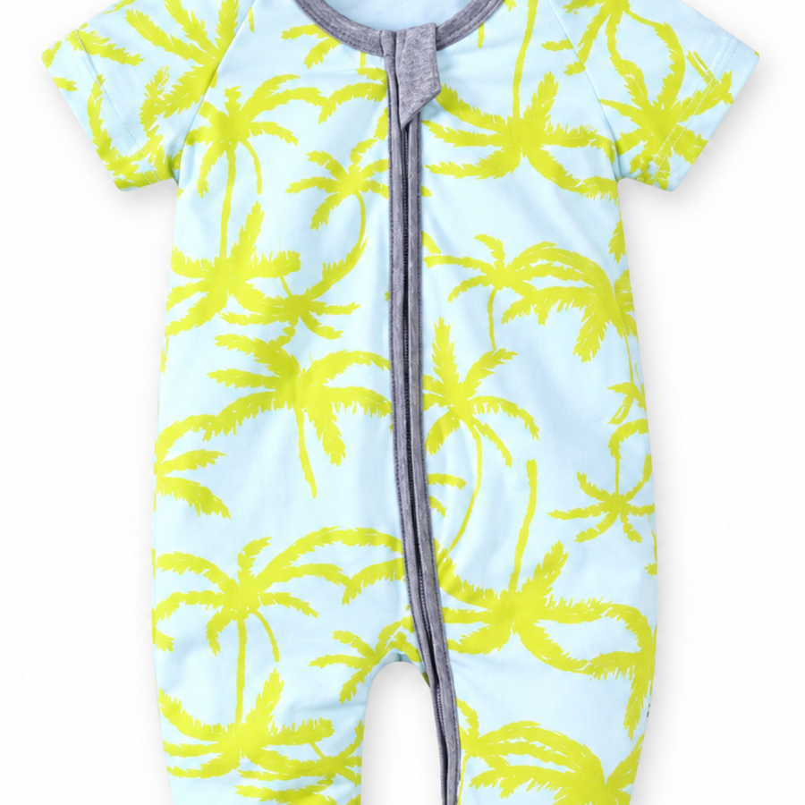 Neon Palms Short-Sleeve Romper — Neon Palms — Zipper detail — image 3