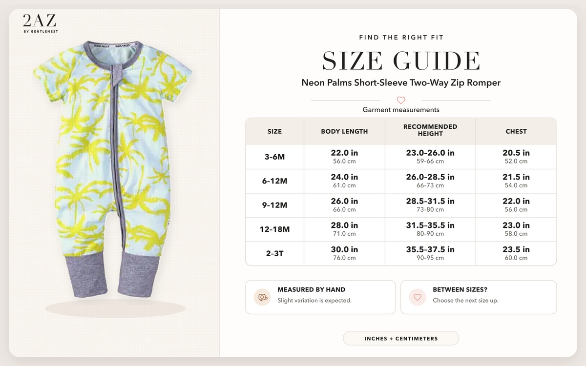 Product-specific size guide for Neon Palms Short-Sleeve Romper